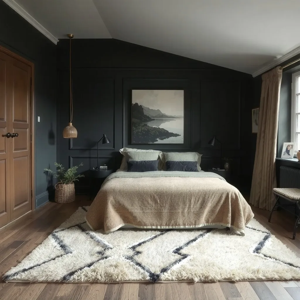 A moody bedroom with a plush area rug and soft, warm lighting