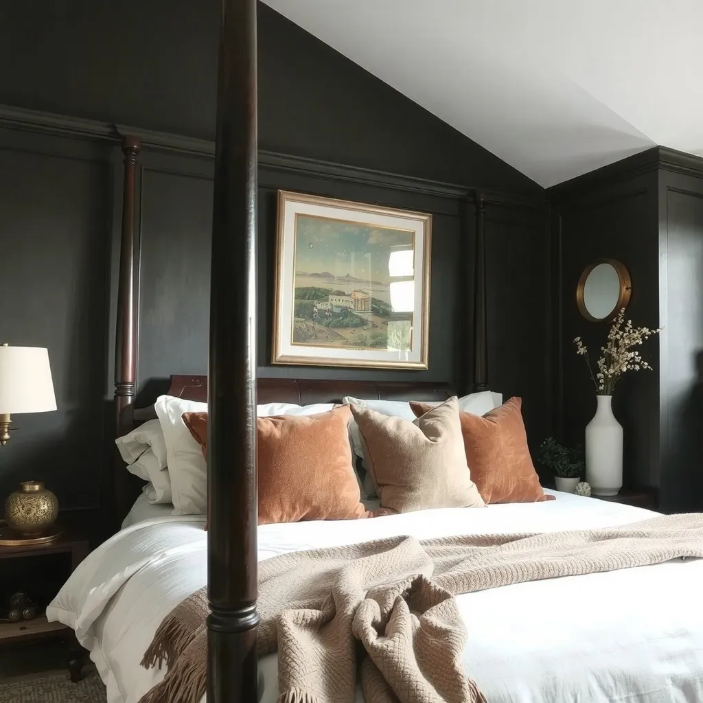 A bedroom with a dark wood bed frame and velvet throw pillows