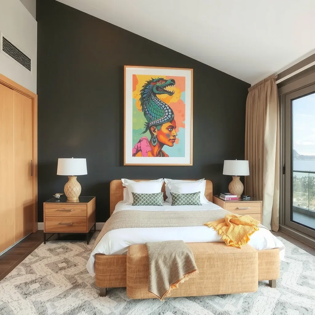 A bedroom with a statement piece of furniture, a colorful piece of art, and a stunning view