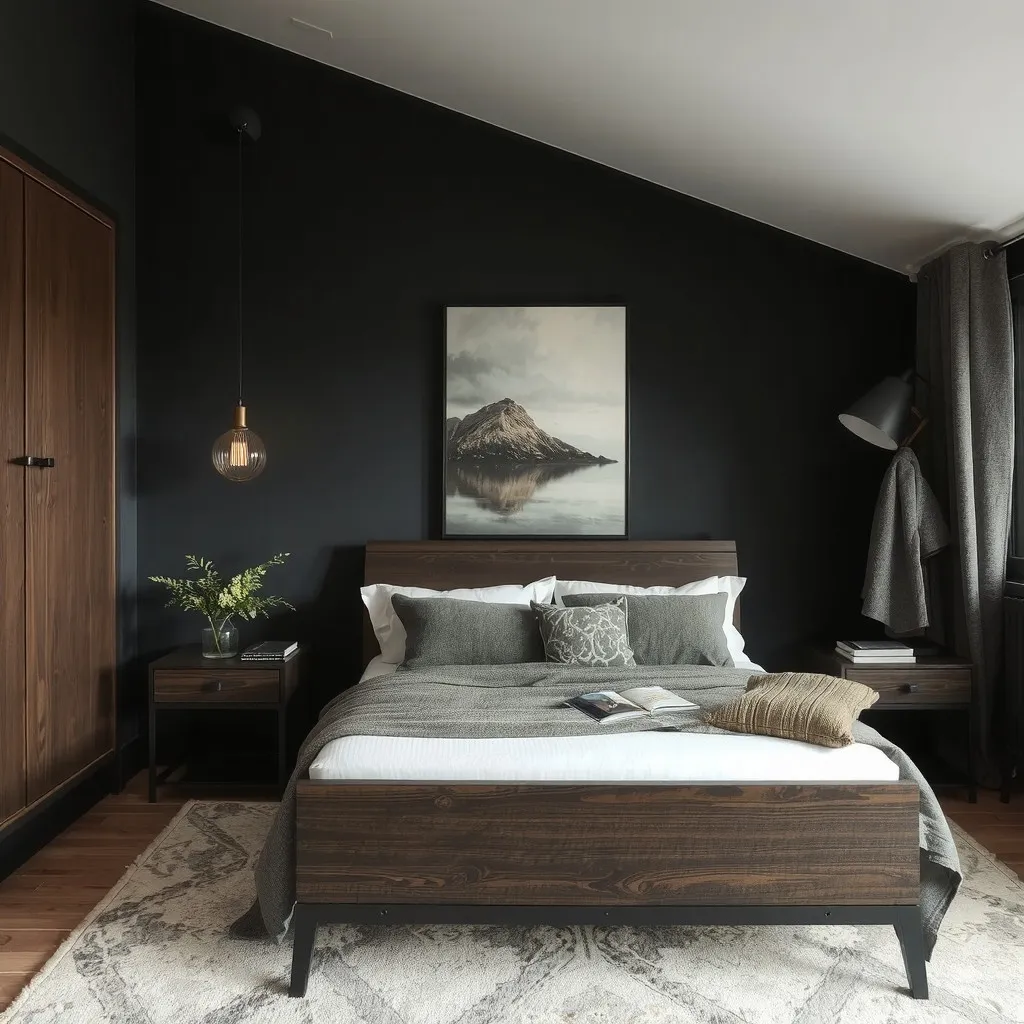 A moody bedroom with a dark wood bed frame and a comfortable mattress