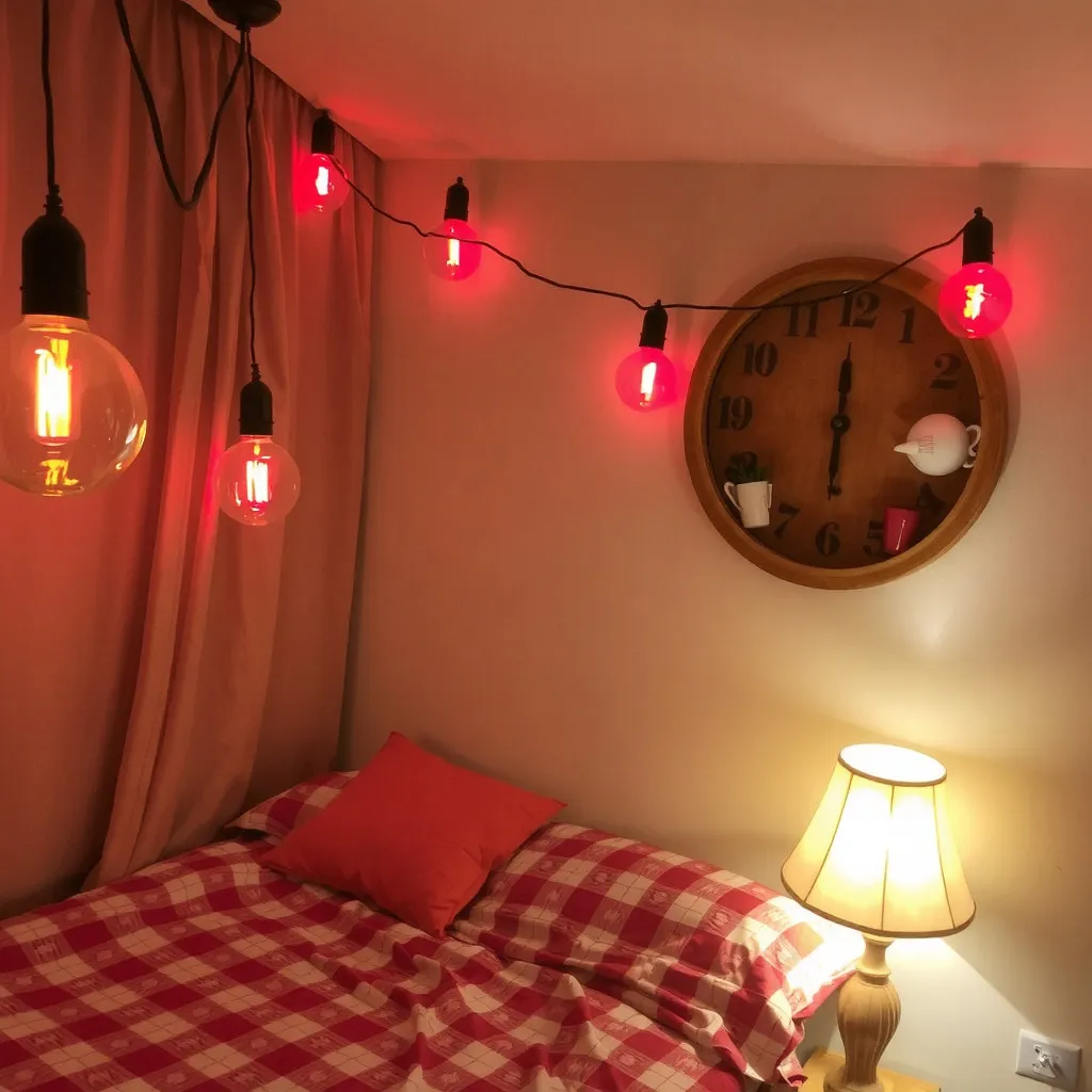 A bedroom with dim red bulbs and string lights, and a table lamp casting a warm glow